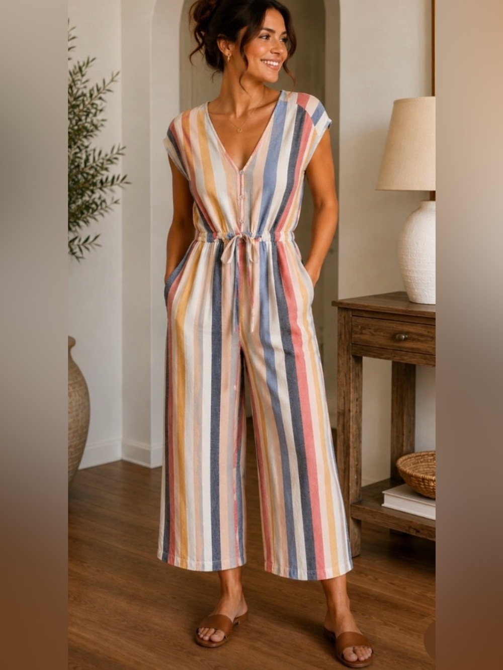 Cloth & Stone Linen Blend Wide Leg Jumpsuit Cropped Boho Coastal Size Small